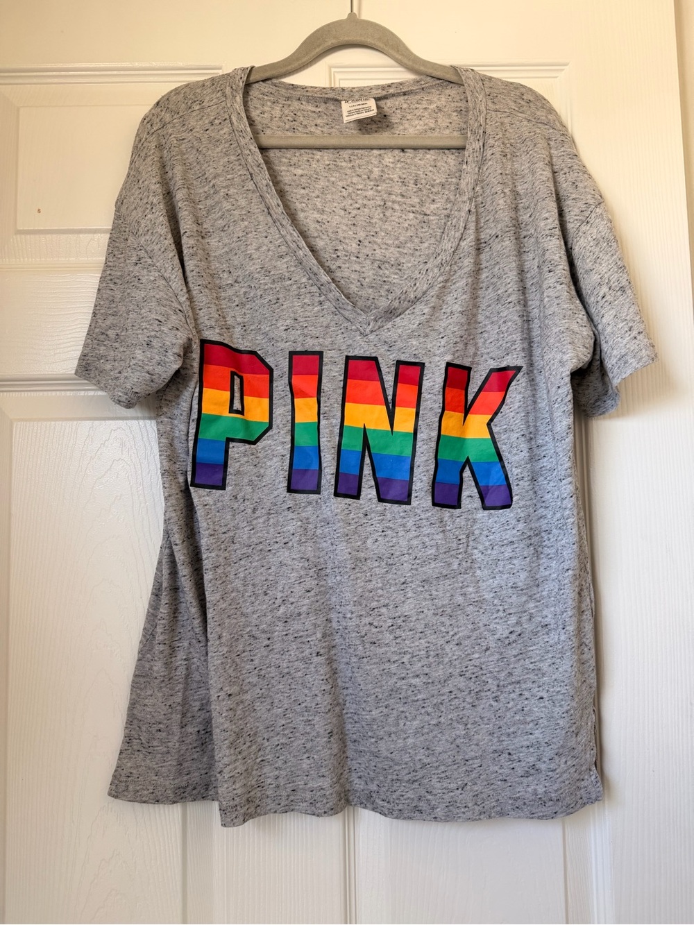 PINK Victoria's Secret Gray V-Neck Tee with Rainbow Block Logo